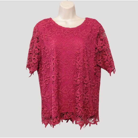 Philosophy Lace Overlay Top XL Cactus Flower Dark Pink Floral Short Sleeve Lined - Picture 1 of 8